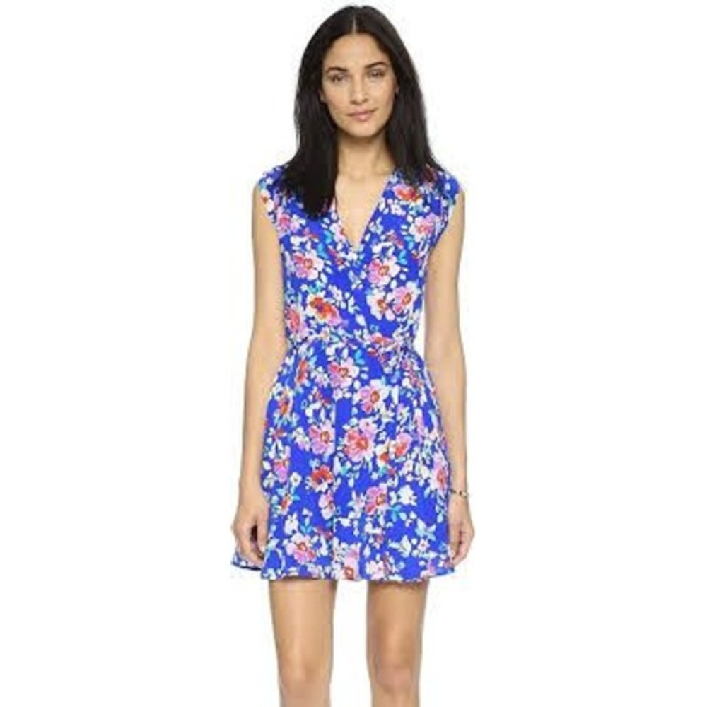 Yumi Kim Floral Wrap Dress Royal Blue Pink Orange‎ Mini Cap Sleeve XS